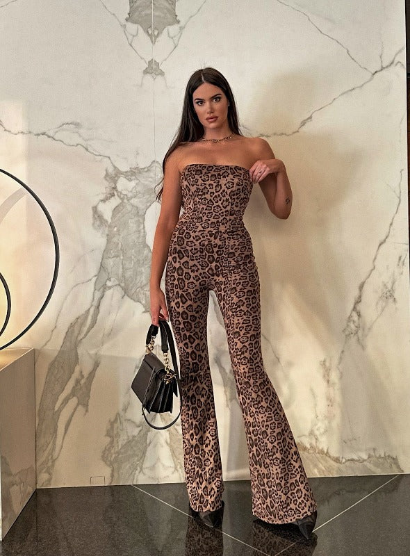 bell bottom women jumpsuit with bandeau top in animal print